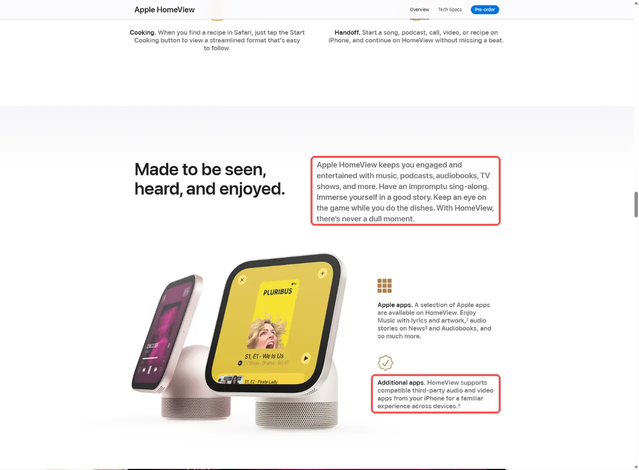 Apple HomeViewの製品ページ。音楽、オーディオブック、テレビ番組を楽しめるという紹介文と、他社のアプリはiPhoneから使うという説明