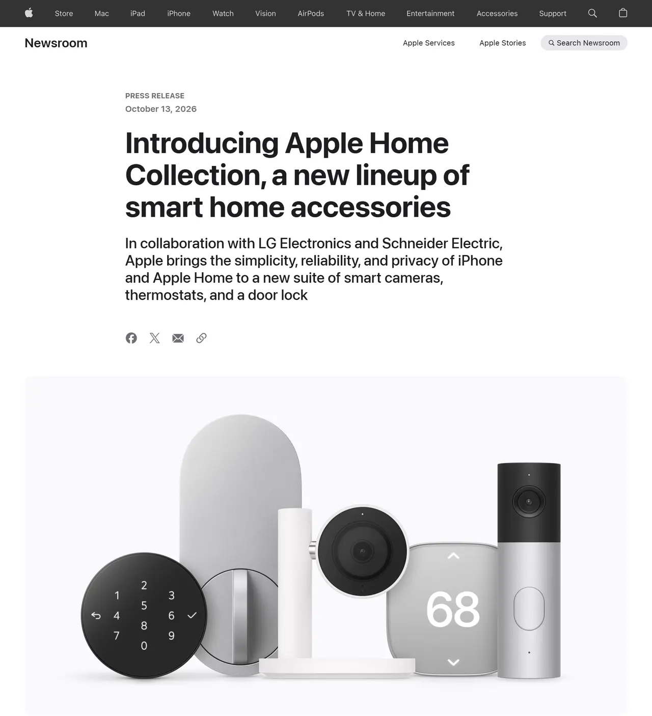 Apple Home Collectionのスマートロック、屋内カメラ、サーモスタット、ビデオドアベルが並んだ写真