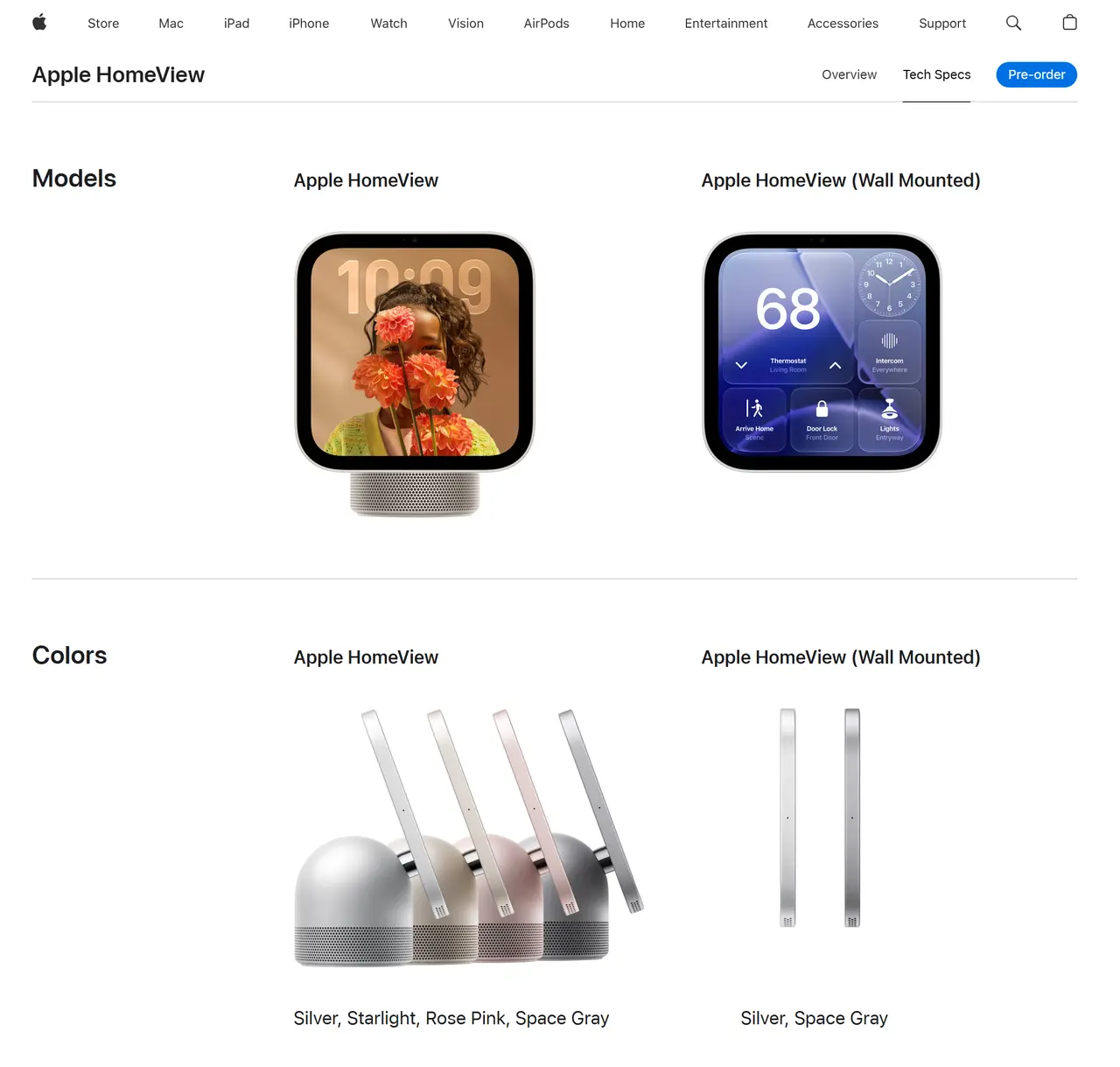 Apple HomeViewの卓上モデルと壁掛けモデル、卓上モデルのシルバー、スターライト、ローズピンク、スペースグレイの4色