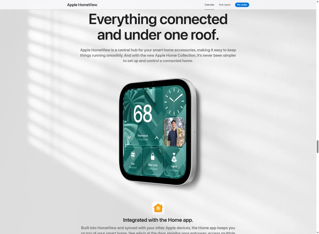 Apple HomeViewの画面に、サーモスタット、玄関のドアロック、照明、玄関のカメラ映像が並んだスマートホームの操作画面