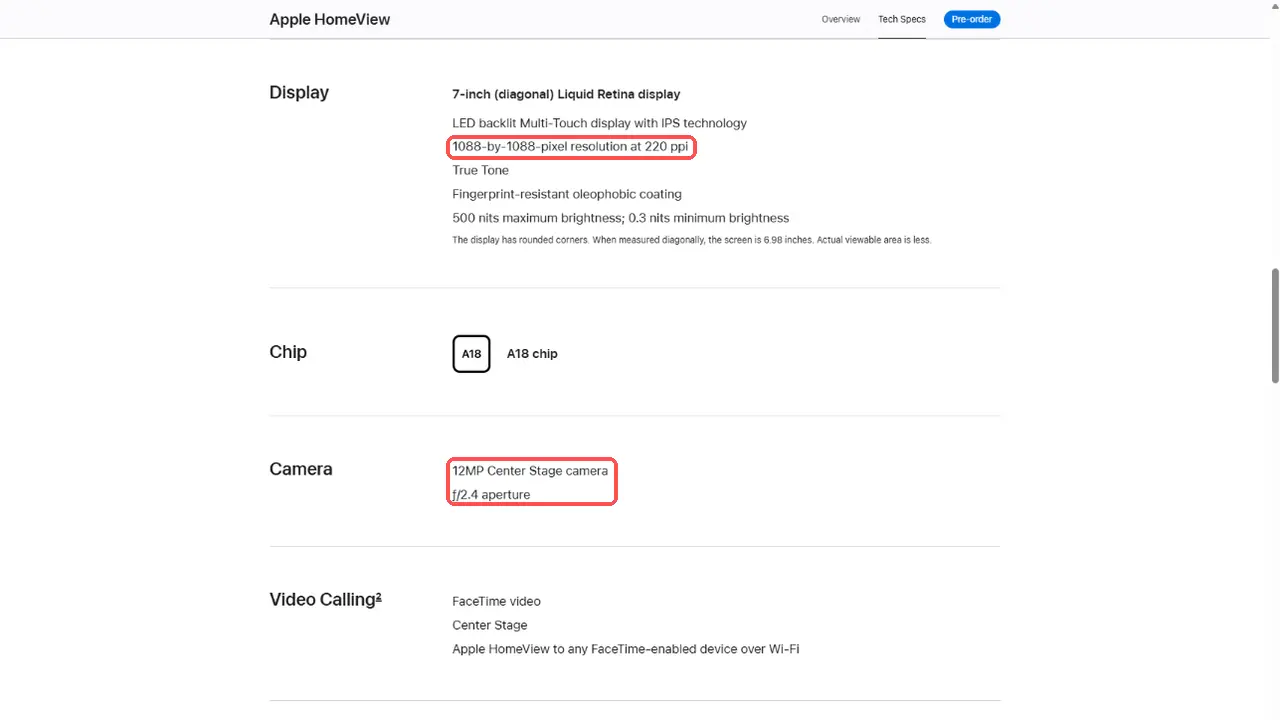 Apple HomeViewの仕様ページ。画面の解像度が1088×1088ピクセル、カメラが12MPのセンターフレームカメラ