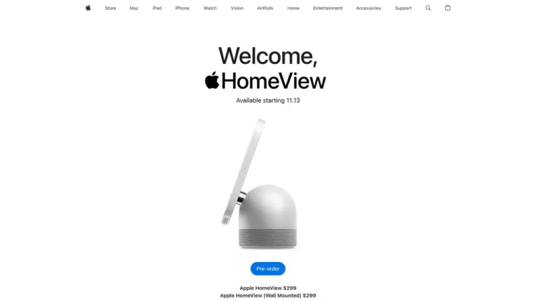 Apple公式サイトのApple HomeView製品ページ。ドーム型のスピーカーに7インチの画面が付いた本体と、299ドルの価格
