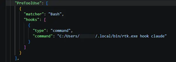 Claude Codeのsettings.jsonのPreToolUseに、Bashを対象にしてrtk.exeの場所を省略せずに書いたRTKのフックの設定