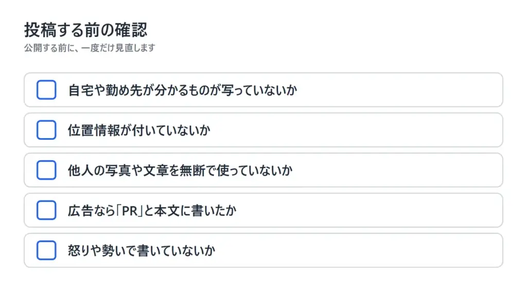 SNSに投稿する前の確認リスト。写り込み、位置情報、他人の写真や文章、PR表記、怒りにまかせていないかの5項目
