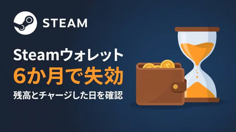 Steamのロゴと「Steamウォレット 6か月で失効」の文字、硬貨の入った財布の横に砂時計が置かれたイラスト