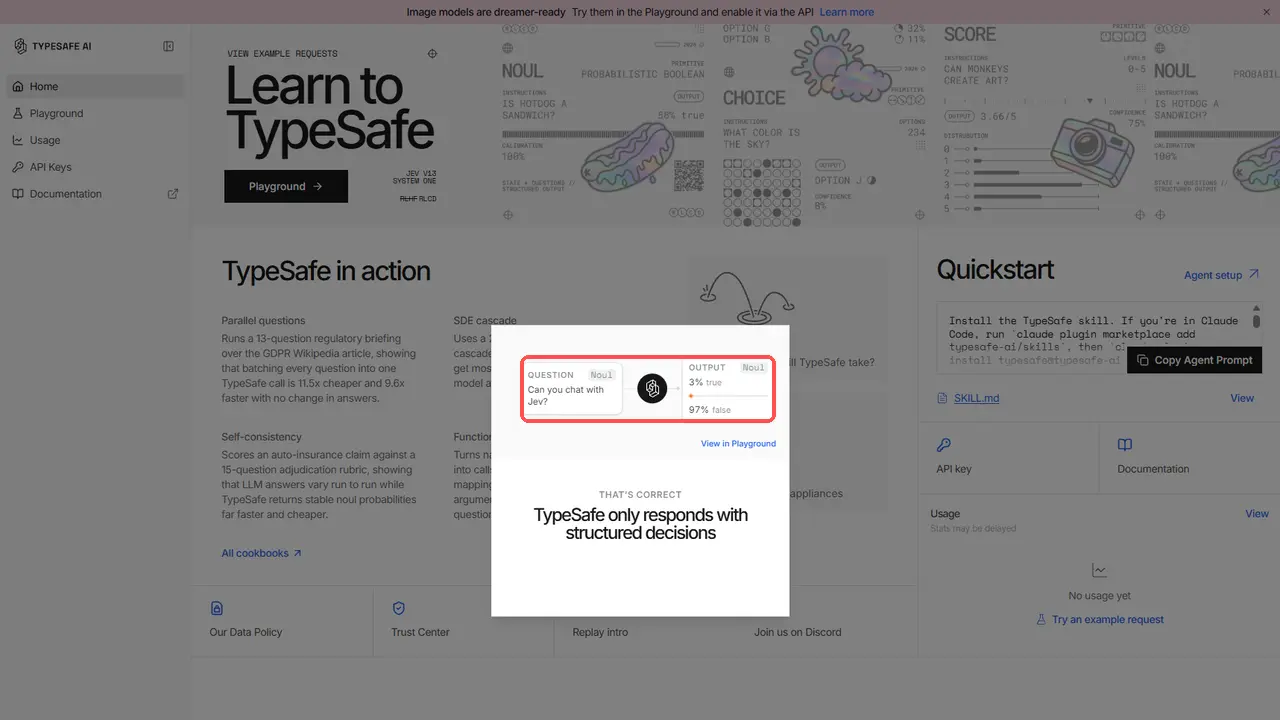 TypeSafe AIのコンソールで、「Can you chat with Jev?」という質問にJevが3% true、97% falseと答えた小テストの画面