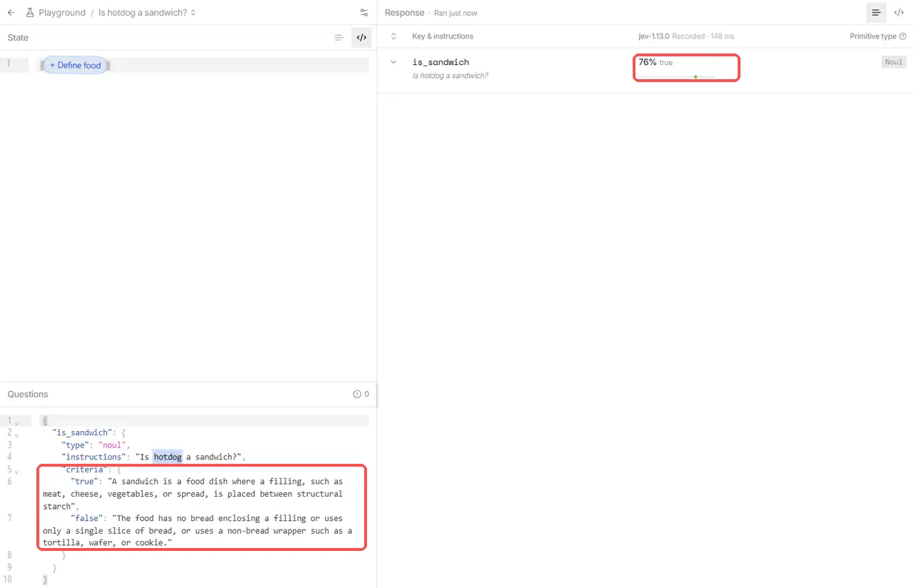 TypeSafe AIのPlaygroundで、ホットドッグはサンドイッチかという質問に判断の基準を足して実行し、76% trueと出た画面