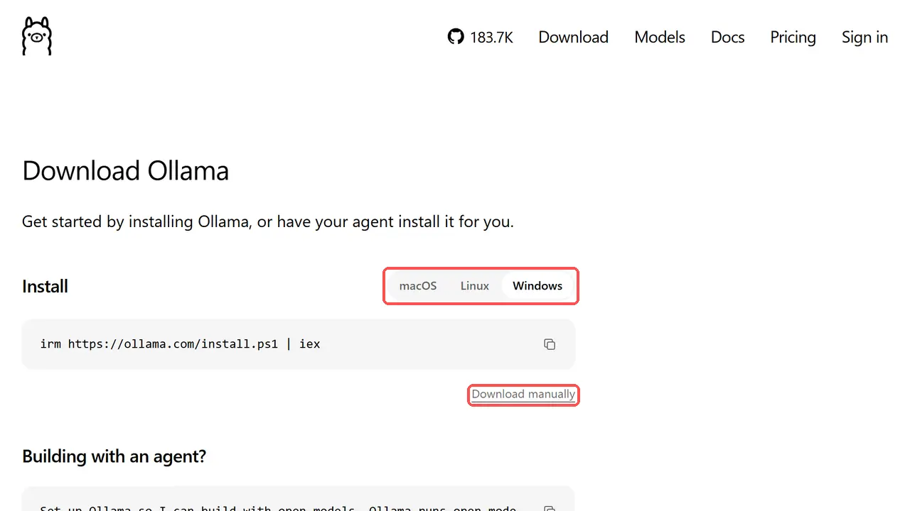 Ollamaの公式サイトのダウンロードページ。macOS・Linux・Windowsの切り替えと、インストールのコマンド、手動ダウンロードのリンクがある