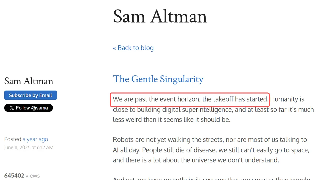 サム・アルトマン氏のブログに掲載されたエッセイ「The Gentle Singularity」の冒頭。「We are past the event horizon; the takeoff has started.」の一文が赤い枠で囲まれている