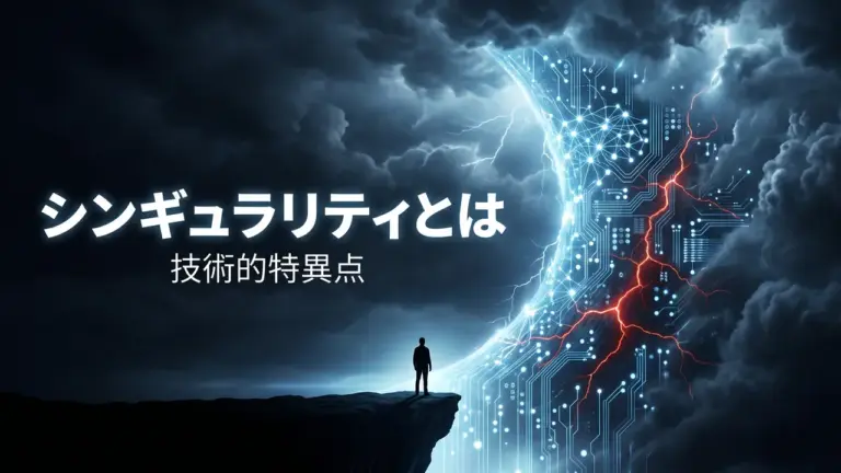 崖の縁に立つ人のシルエットの前に、光の回路でできた巨大な壁が深い淵からそびえている。左に「シンギュラリティとは」「技術的特異点」の文字